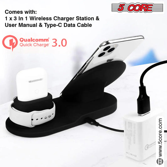 5 Core Wireless Charging Station 10W 3 in 1 Fast Phone Watch Earpod Wireless Charging Stand