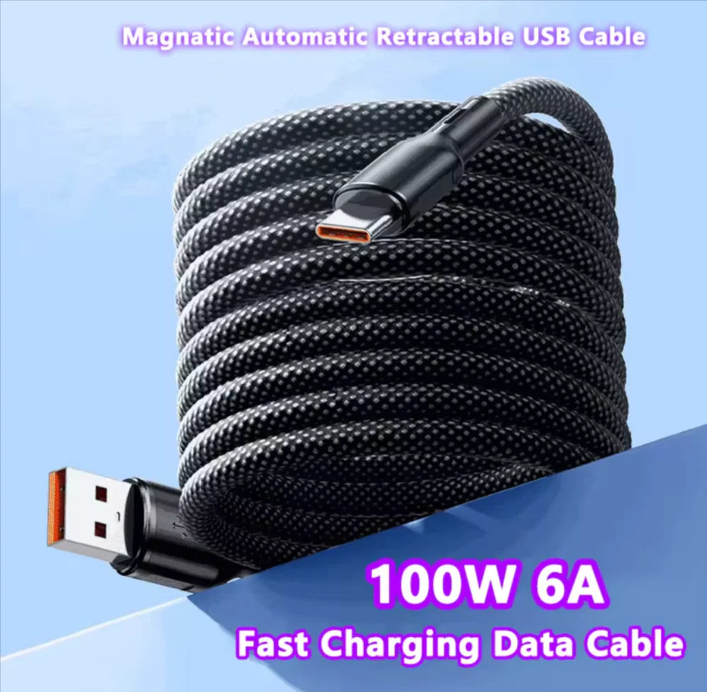 100W 6A Magnetic Fast Charge USB C Cable - Easy Storage & Quick Data Sync for Samsung & Xiaomi Phones