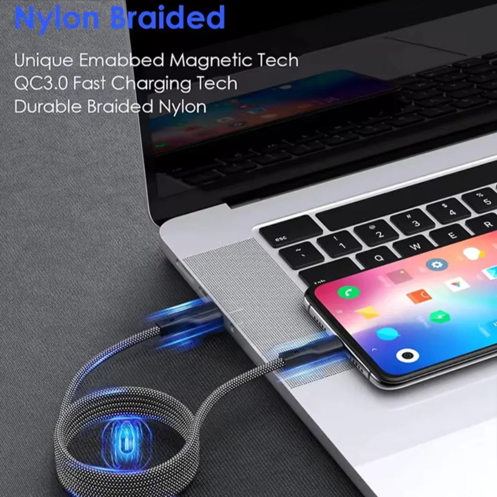 100W 6A Magnetic Fast Charge USB C Cable - Easy Storage & Quick Data Sync for Samsung & Xiaomi Phones